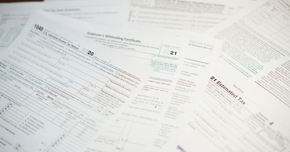 Formulários e papéis sobrepostos sobre mesa, ilustrando a documentação da legislação para traslado.